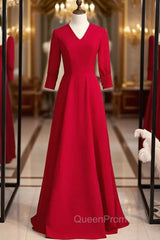 Burgundy Satin V-neck Half Sleeve Long Evening Prom Dresses