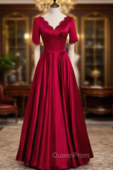 Burgundy Satin V-neck Pearls Evening Prom Dresses
