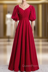 Burgundy Satin V-neck Puff Sleeve Pleats Evening Prom Dresses