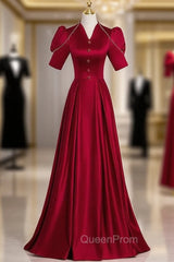 Burgundy Satin V-neck Short Sleeve Pearls Evening Prom Dresses
