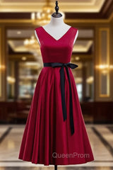 Burgundy Satin V-neck Tea Length Evening Prom Dresses With Sash