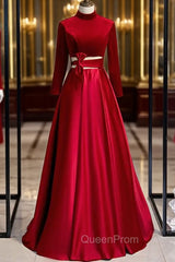 Burgundy Satin Velvet Long Sleeve Cut Out Evening Prom Dresses