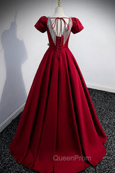 Burgundy Scoop Neckline Satin Long Evening Prom Dresses, Short Sleeve Evening Dresses