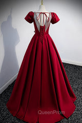 Burgundy Scoop Neckline Satin Long Evening Prom Dresses, Short Sleeve Evening Dresses