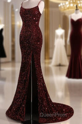 Burgundy Sequin Mermaid Backless Evening Prom Dresses Long Evening Dresses