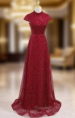 Burgundy Sequins High Cap Sleeve Evening Prom Dresses