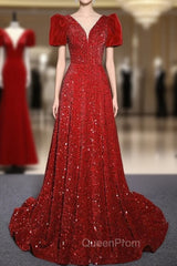 Burgundy Sequins Puff Sleeve Evening Prom Dresses With Bow