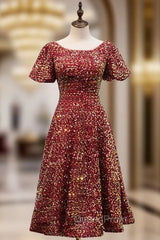 Burgundy Sequins Puff Sleeve Tea Length Evening Prom Dresses