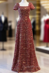 Burgundy Sequins Square Short Sleeve Evening Prom Dresses