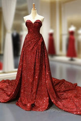 Burgundy Sequins Sweetheart Pleats Evening Prom Dresses With Long Train