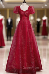 Burgundy Sequins Tulle Square Short Sleeve Evening Prom Dresses