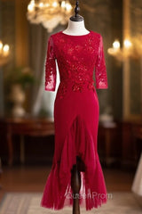 Burgundy Sheath Satin Tulle Appliques Short Sleeve Short Evening Prom Dresses