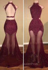Burgundy Sheer-Tulle Lace-Appliques High-Neck Mermaid Evening Prom Dresses