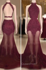 Burgundy Sheer-Tulle Lace-Appliques High-Neck Mermaid Evening Prom Dresses