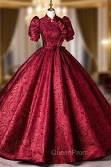 Burgundy Short Sleeve High Neck Backless Quinceanera Dresses