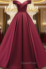 Burgundy Simple A-line Floor Length Satin Off Shoulder Party Dresses, Long Evening Dresses
