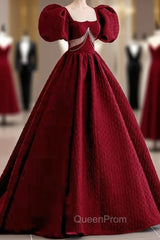 Burgundy Square Puff Sleeve Backless Evening Prom Dresses