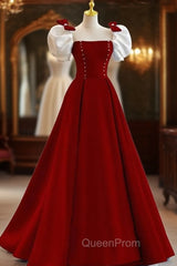 Burgundy Square Puff Sleeve Bow Evening Prom Dresses
