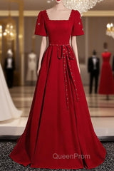 Burgundy Square Short Sleeve Pearls Evening Prom Dresses