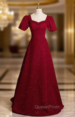 Burgundy Square Square Puff Sleeve Button Evening Prom Dresses
