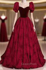 Burgundy Square Square Puff Sleeve Evening Prom Dresses