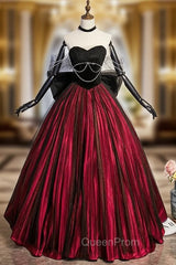 Burgundy Strapless Black Tulle Bow Evening Prom Dresses