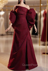 Burgundy Strapless Pleats Split Evening Prom Dresses