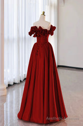 Burgundy Strapless Satin Long Prom Dress, A-Line Evening Party Dress