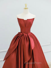 Burgundy Strapless Satin Long Evening Prom Dresses, Beautiful A-Line Evening Party Dresses