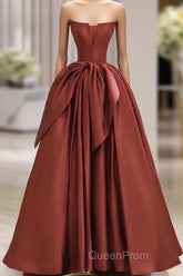 Burgundy Strapless Satin Long Evening Prom Dresses, Beautiful A-Line Evening Party Dresses