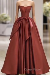 Burgundy Strapless Satin Long Evening Prom Dresses, Beautiful A-Line Evening Party Dresses