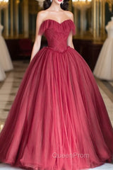 Burgundy Strapless Tulle Long Evening Dresses, Sweetheart Neckline Evening Dresses