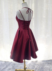 Burgundy Straps V-neckline Short Party Dresses , Lovely Satin Homecoming Dresses