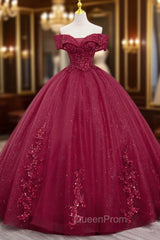 Burgundy Sweet 16 Evening Gown with Lace, Off the Shoulder Evening Prom Dresses Party Dresses