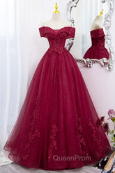 Burgundy Sweet 16 Evening Gown with Lace, Off the Shoulder Evening Prom Dresses Party Dresses