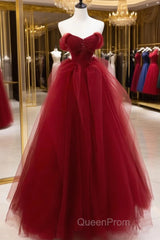 Burgundy Sweetheart Ball Gown Tulle With Beaded Evening Prom Dresses, Burgundy Party Dresses