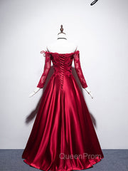 Burgundy Sweetheart Lace Satin Long Evening Prom Dresses Burgundy Evening Dresses