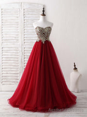 Burgundy Sweetheart Neck Lace Applique Tulle Long Prom Dresses