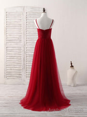 Burgundy Sweetheart Neck Tulle High Low Prom Dress, Burgundy Formal Dress