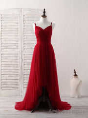 Burgundy Sweetheart Neck Tulle High Low Prom Dress, Burgundy Formal Dress