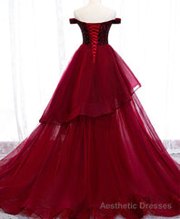 Burgundy Sweetheart Off Shoulder Tulle Long Prom Dress Tulle Formal Dress