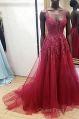 Burgundy sweetheart tulle lace long Evening Prom Dresses formal Dresses