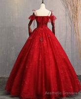 Burgundy Sweetheart Tulle Lace Long Prom Gown, Lace Formal Dress