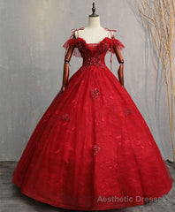 Burgundy Sweetheart Tulle Lace Long Prom Gown, Lace Formal Dress
