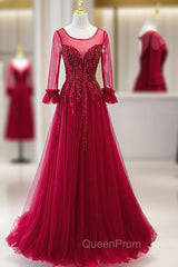 Burgundy Tulle Appliques Beading Backless Evening Prom Dresses