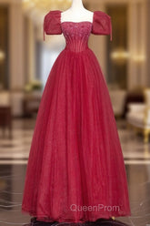 Burgundy Tulle Beaded Floor Length Evening Prom Dresses, A-Line Short Sleeve Evening Dresses