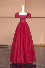 Burgundy Tulle Beaded Floor Length Prom Dress, A-Line Short Sleeve Evening Dress