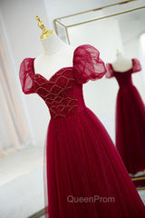 Burgundy Tulle Beaded Long Evening Prom Dresses, A-Line Short Sleeve Evening Dresses