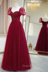 Burgundy Tulle Beaded Long Evening Prom Dresses, A-Line Short Sleeve Evening Dresses