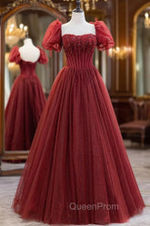 Burgundy Tulle Beaded Long Evening Prom Dresses, A-Line Short Sleeve Evening Dresses